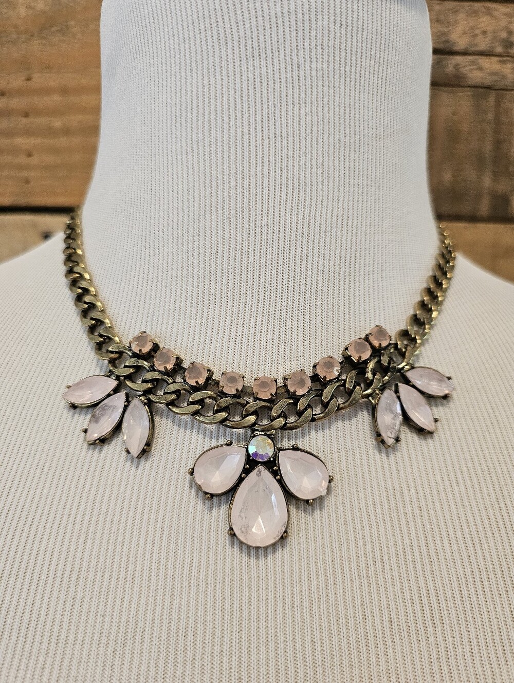 Chunky Antiqued Goldtone Chain Necklace w/ Baby Pink Stones